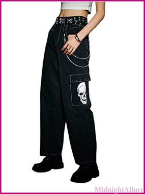 Skull Graphic Goth Cargo Pants Y2K Straight Leg Chain Straps Pockets